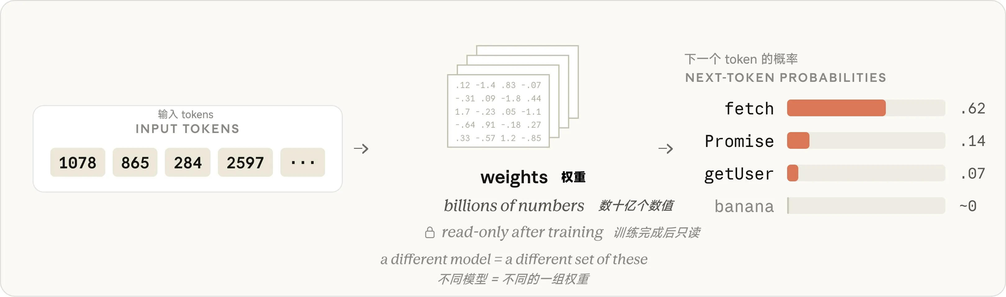 输入提示词，输出概率；位于中间的权重不会发生变化。