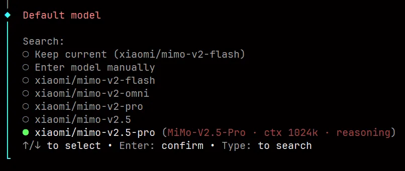 选择 xiaomi/mimo-v2.5-pro